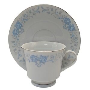 Vintage China Teacup and Saucer Footed Blue and Gray Floral Platinum‎ Edge